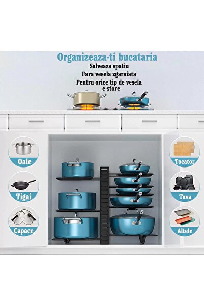 AVA Suport 8 oale, cratiti, reglabil, organizator tigai, montaj vertical sau orizontal,Otel, Negru