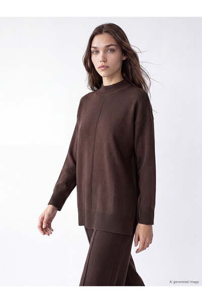 LC Waikiki Alita City Brown Knitwear Plain Oversize Women's Tunic with a Diff...