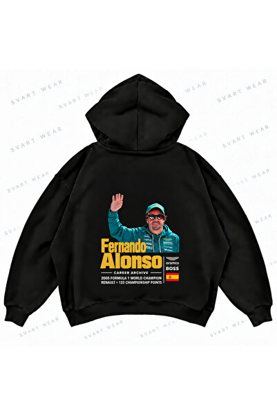 SVART WEAR Фернандо Алонсо F1 Черен овърсайз суитшърт с качулка с принт