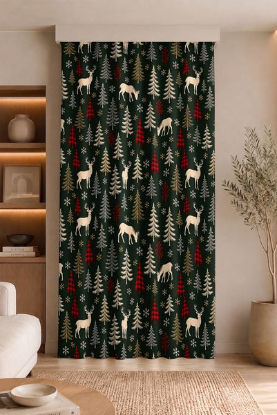 Realhomes Deer and Pine Tree Patterned Digital Printed Single Wing Background Curtain (with Cushion Cover as a Gift)