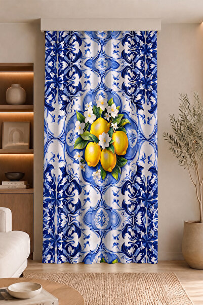 Realhomes Lemon and Blue Tile Patterned Digital Printed Single Wing Backgroun...