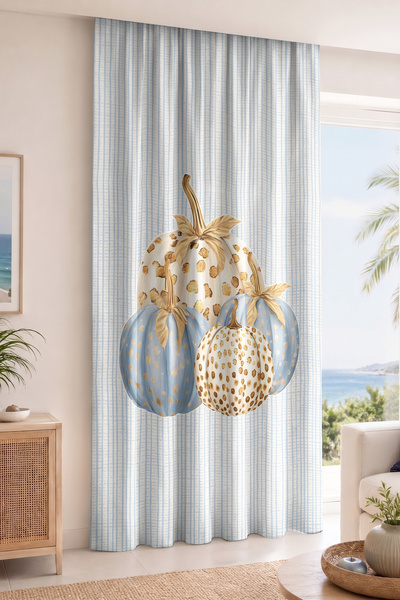 Realhomes Blue Striped Digital Printed Single Wing Background Curtain with Pu...