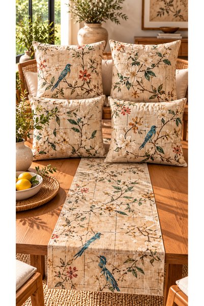 Nari Collections Vintage Botanical Bird Patterned 4-Piece Cushion Cover + 1 Runner Set – 43X43 cm Double-Sided Cover, 40X140 cm Runner