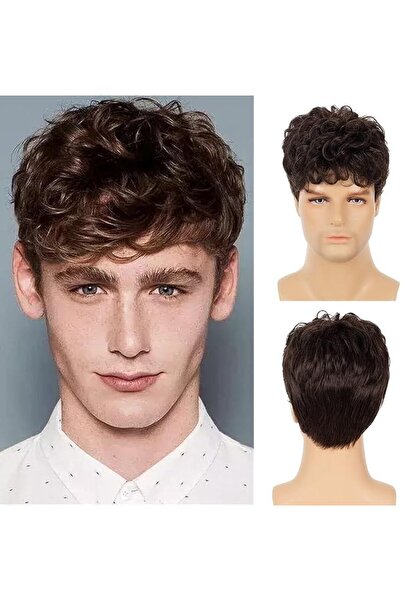 Boolygo Men Short Wigs Curly Fluffy Natural Synthetic Hair with Bangs Daily F...