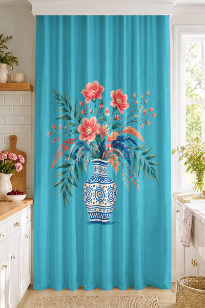 Realhomes Turquoise Vase Flower Patterned Digital Printed Single Wing Backgro...