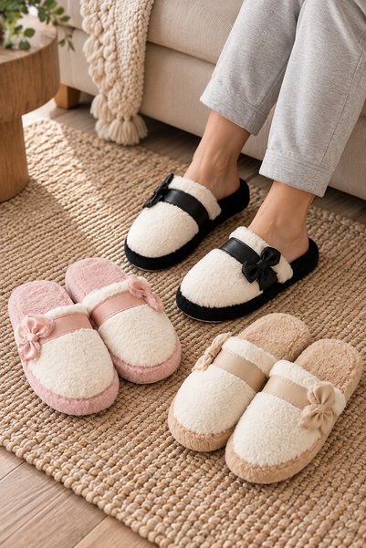 Beyond Kadın 3’lü Bej Pudra Siyah Deri Fiyonk Detaylı Peluş 3 Cm Ev Terliği Seti BYNDSET11