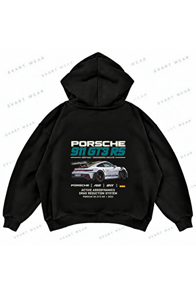 SVART WEAR Porsche 911 GT3 RS Щампован черен овърсайз суитшърт с качулка със ...