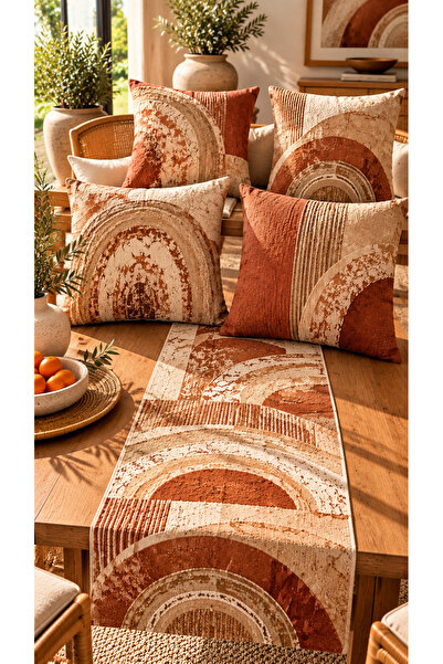 Nari Collections Terracotta Bohemian 4-Piece Cushion Cover + 1 Runner Set – 43X43 cm Double-Sided Cover, 40X140 cm Runner