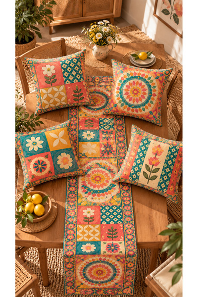 Nari Collections Anadolu Bahçesi 4-Piece Cushion Cover + 1 Runner Set – 43X43 cm Double-Sided Cover, 40X140 cm Runner