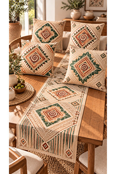 Nari Collections Bohemian Ethnic 4-Piece Cushion Cover + 1 Runner Set – 43X43 cm Double-Sided Cover, 40X140 cm Runner