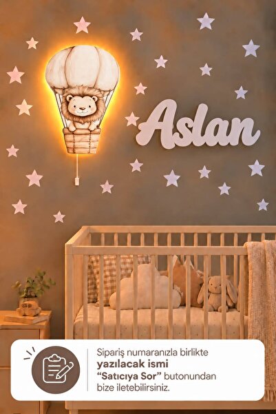 Ahşap Aslanlı Balon Lamba & Işıksız İsimlik Seti – İsimli Bebek ve Çocuk Odası Dekoru