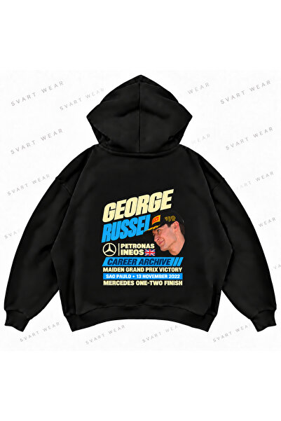SVART WEAR Джордж Ръсел F1 Щампован овърсайз суитшърт с качулка със свободна ...