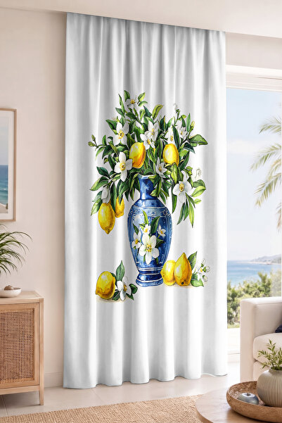Realhomes Digital Printed Single Wing Background Curtain with Lemon and Flowe...