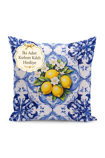 Realhomes Lemon and Blue Tile Patterned Digital Printed Single Wing Background Curtain (with Cushion Cover as a Gift)
