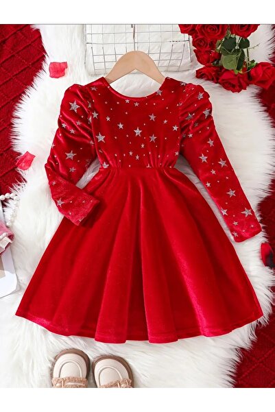 OEM Rochie rosie fete cu stelute argintii, 4-5 ani,104-110 cm