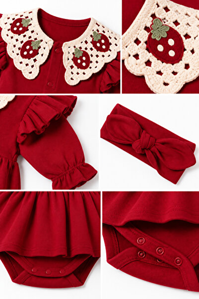 LİLİYUM Baby Girl Dress Romper 100% Cotton Strawberry Pattern Mesh Collar Ruffle Long Sleeve Crown Stylish Casual Dress 3-6 6-9 9-12 Months (Without Socks)