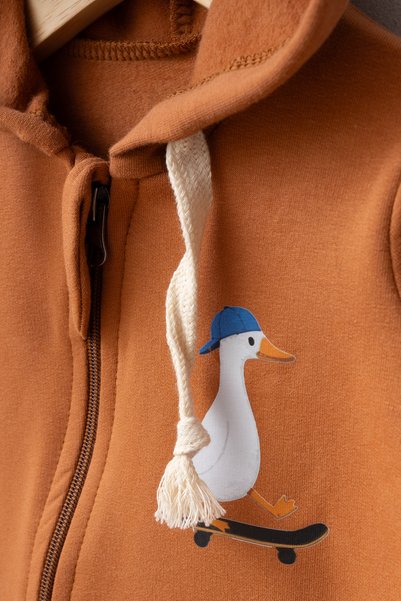 LOGO AKSESUAR Unisex Bebek Kaykaycı Ördek Baskılı %100 Pamuk Şardonlu 2 İplik Kapüşonlu Tulum