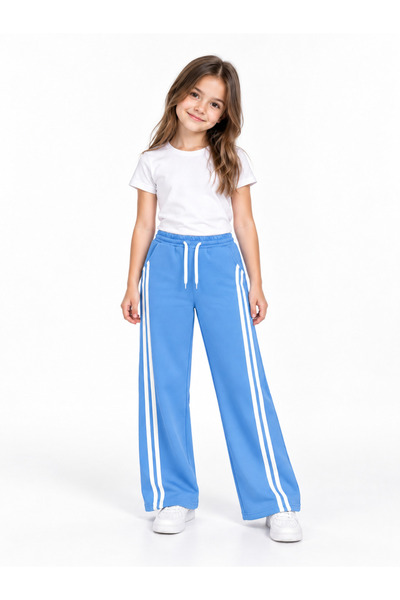Mışıl Kids 25410-26 بنطال رياضي أبيض مخطط واسع الأرجل بثلاث خيوط للفتيات من 5...