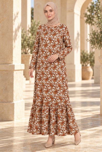 Setiora Women's Ecru Brown Shawl Patterned Flounced Long Dress