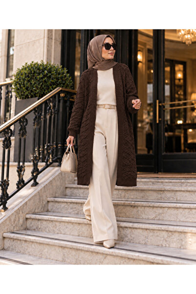 Budan Export Women's Shell Knit Patterned Open Front Loose Long Knitwear Card...