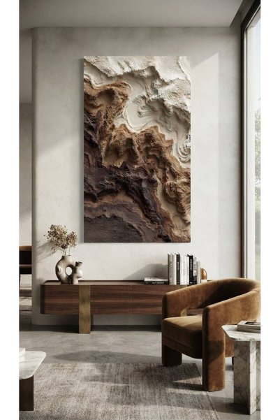 zeyrada Premium Özel Tasarım Modern 3D Efektli Soyut Topoğrafik Kahverengi ve...