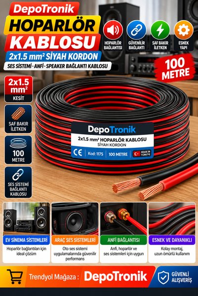 DepoTronik 2x1.5 mm² Hoparlör Kablosu Siyah Kordon 100 Metre Ses Sistemi Anfi Speaker Bağlantı Kablosu