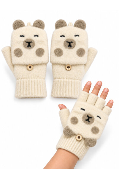synshop Capybara Kapibara Patterned Ecru Color Covered Fingerless Angora Knit...