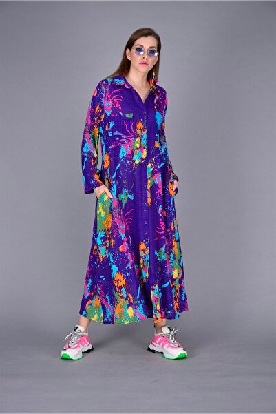Hazinedan Authentic Purple Loose Cut Brush Pattern Casual Dress