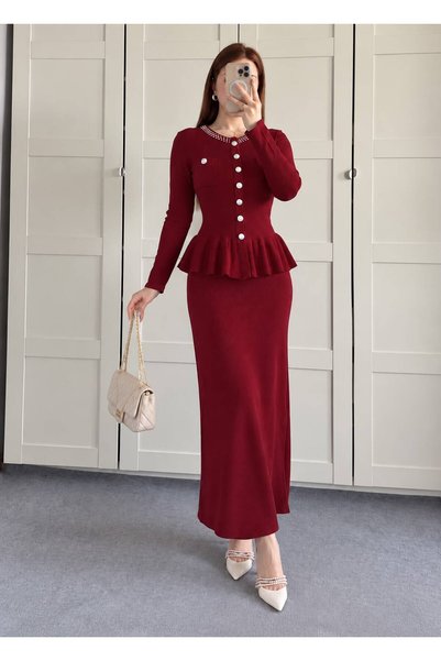 Aderin Kadın Taşlı Düğme Detaylı Peplum Triko Etek Takım Bordo