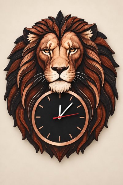 Genel Markalar Ponipanda Ahşap Arslan Figürlü Dekoratif Duvar Saati – 49 × 65 cm