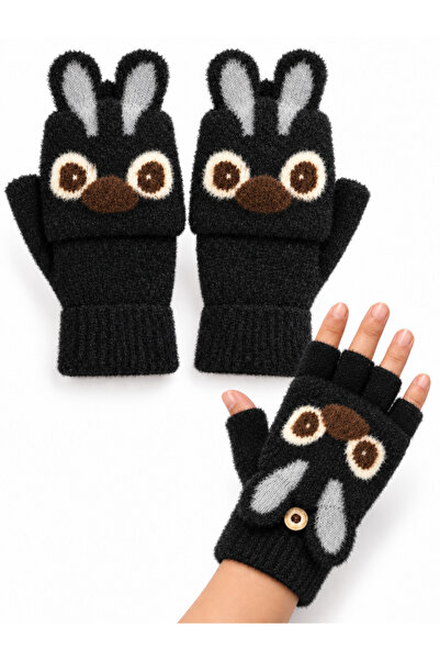 synshop Cute Kuala Black Stitchhh Patterned Capped Fingerless Angora Knit Men...