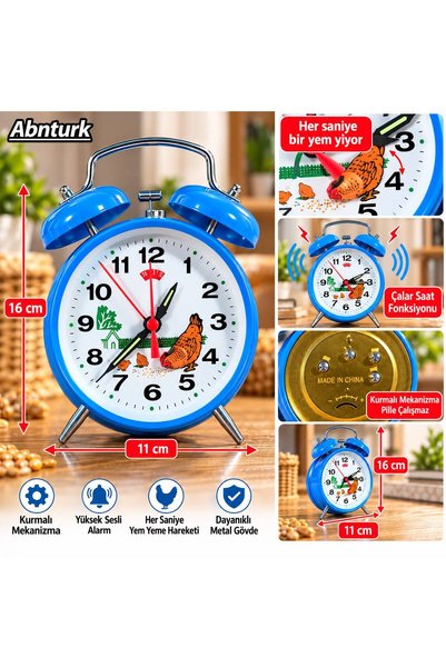 abnturk Nostaljik Kurmalı Tavuklu Mavi Çalar Saat 16x11 cm Her Saniye Yem Yiy...