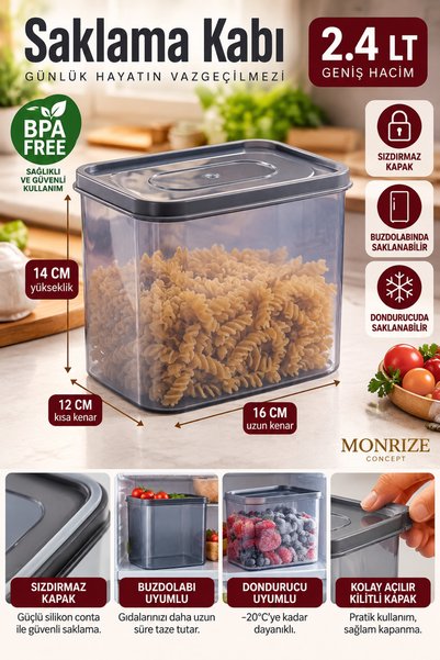 Monrize Concept 2.4 Lt Sızdırmaz Saklama Kabı BPA Free Dikdörtgen Erzak Kabı ...