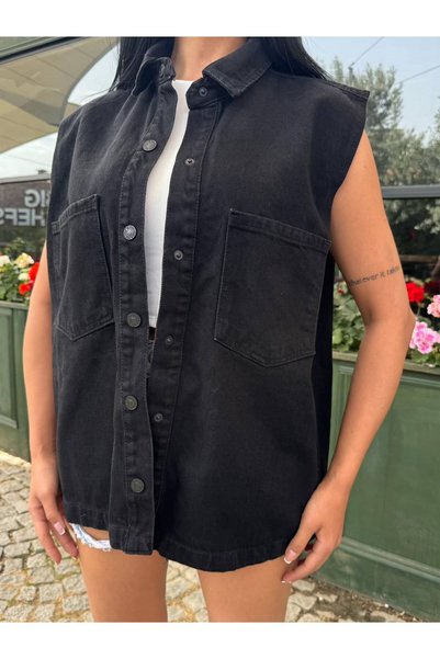 ELCİDO Kadın Oversize Denim Yelek Gömlek Yaka Büyük Cepli Düğmeli Kot Yelek