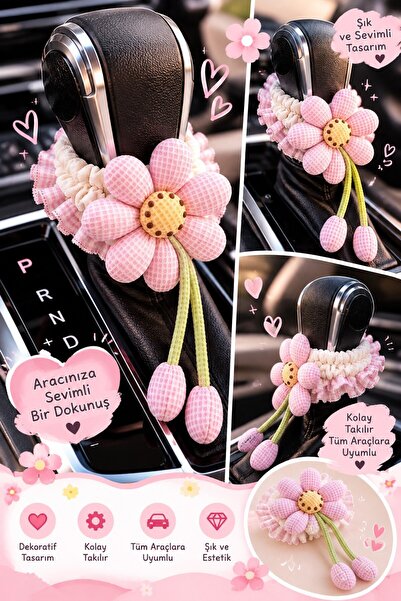 TEMUNGUR Pink Floral Plush Gear Shift Ornament – Pompom Car Interior Decorati...