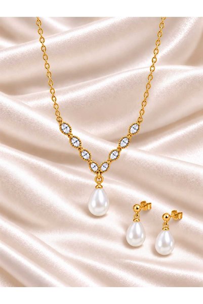 byess 925 Ayar Gümüş İnci Sallantılı V Model Kolye Küpe Set
