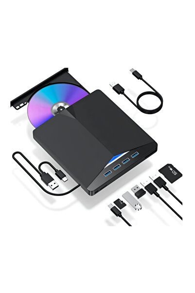Tradebit Unitate externă CD/DVD 7-în-1 USB 3.0x4, Cititor de carduri SD/TF, H...