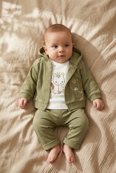 ANP MODA TASARIM Liva Bebek Khaki Green 3-Piece Set - Hooded Ribbed Cardigan,...