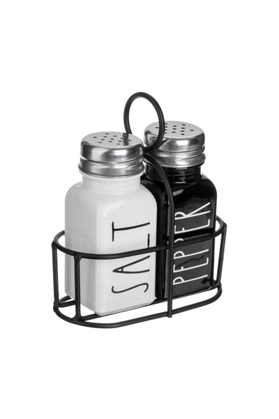 OEM Set Solniță Sare Piper din Sticlă Neagră Albă cu Baza Metalică 85 ml, pen...