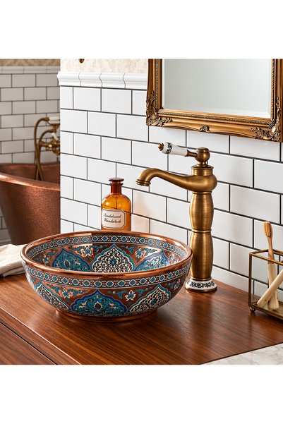 RENA DESIGN Rustic Antique Bowl Sink Faucet Bathroom High Tap Aged Porcelain Processing Fixture Authentic Copper Retro