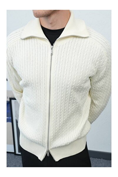 perasttesktil Men's Hair Braided Wide Collar Double Zipper Cardigan