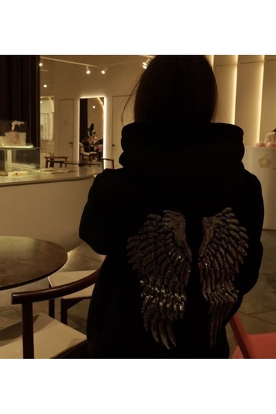 DEEFWEAR Pul İşlemeli Melek Kanatlı Kapşönlü Şardonlu Hoodie