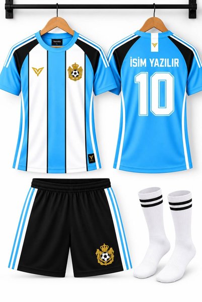 sonvadi İsim Yazılır Çocuk Futbol Forması Takımı Mavi-Siyah 3 Parça Çorap Hed...
