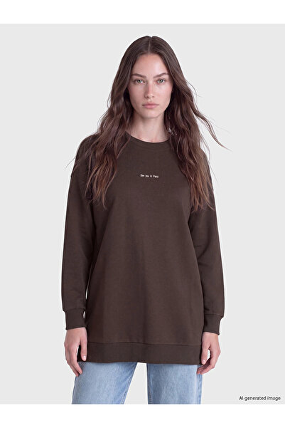 LC Waikiki Brown Embroidered Women's Thick Sweatshirt Tunic