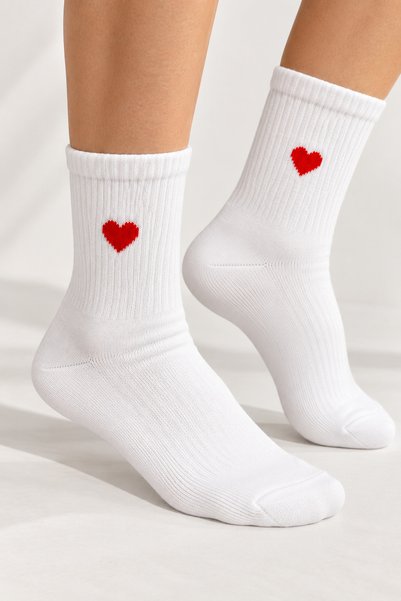 FEG STORE 3 Pairs Women's White Red Heart Printed Cotton Long Winter Socks