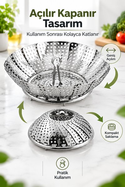 indirimsevinci Katlanabilir Paslanmaz Çelik Buharda Pişirme ve Haşlama Aparatı Sebze Pişirme Sepeti