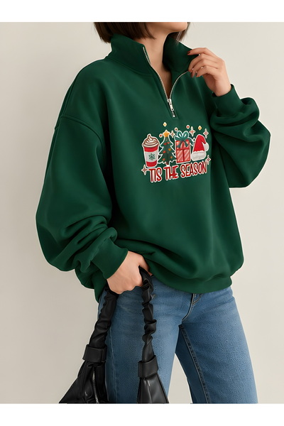 Risil-Nu Company New Season 3 Threaded Combed Cotton Half-Zipper Christmas Themed Sweatshirt