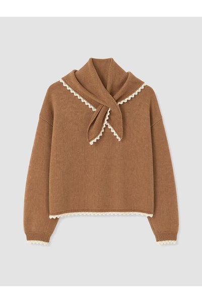LC Waikiki Nevavm Lcw Modest Brown Knitwear with Flat Tie Collar Women's Sweater