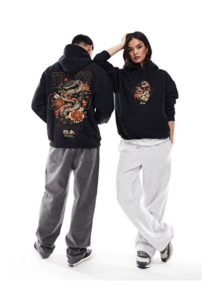 JANTIL MODA Unisex Oversize Hooded Sweatshirt - Black Cardigan/Hoodie with Sn...