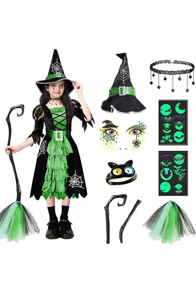 GENERAL Witch Costume Children, 7-Piece Halloween Costume Girls Witch Dress w...